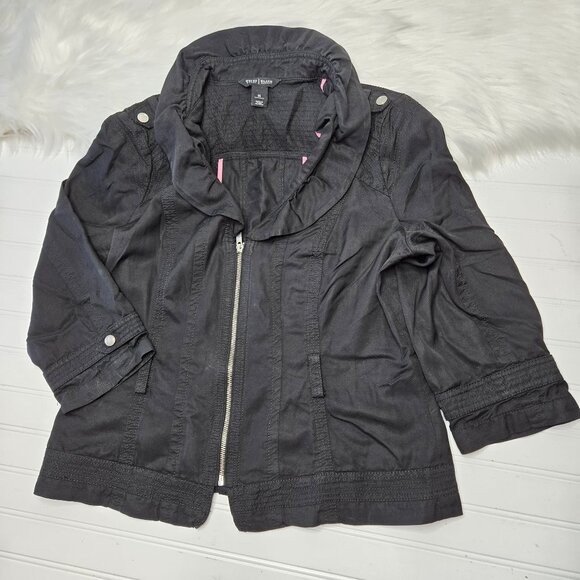 White House Black Market Light Jacket Women's 14 Black Ruffle Collar 3/4 Sleeve - Picture 1 of 8